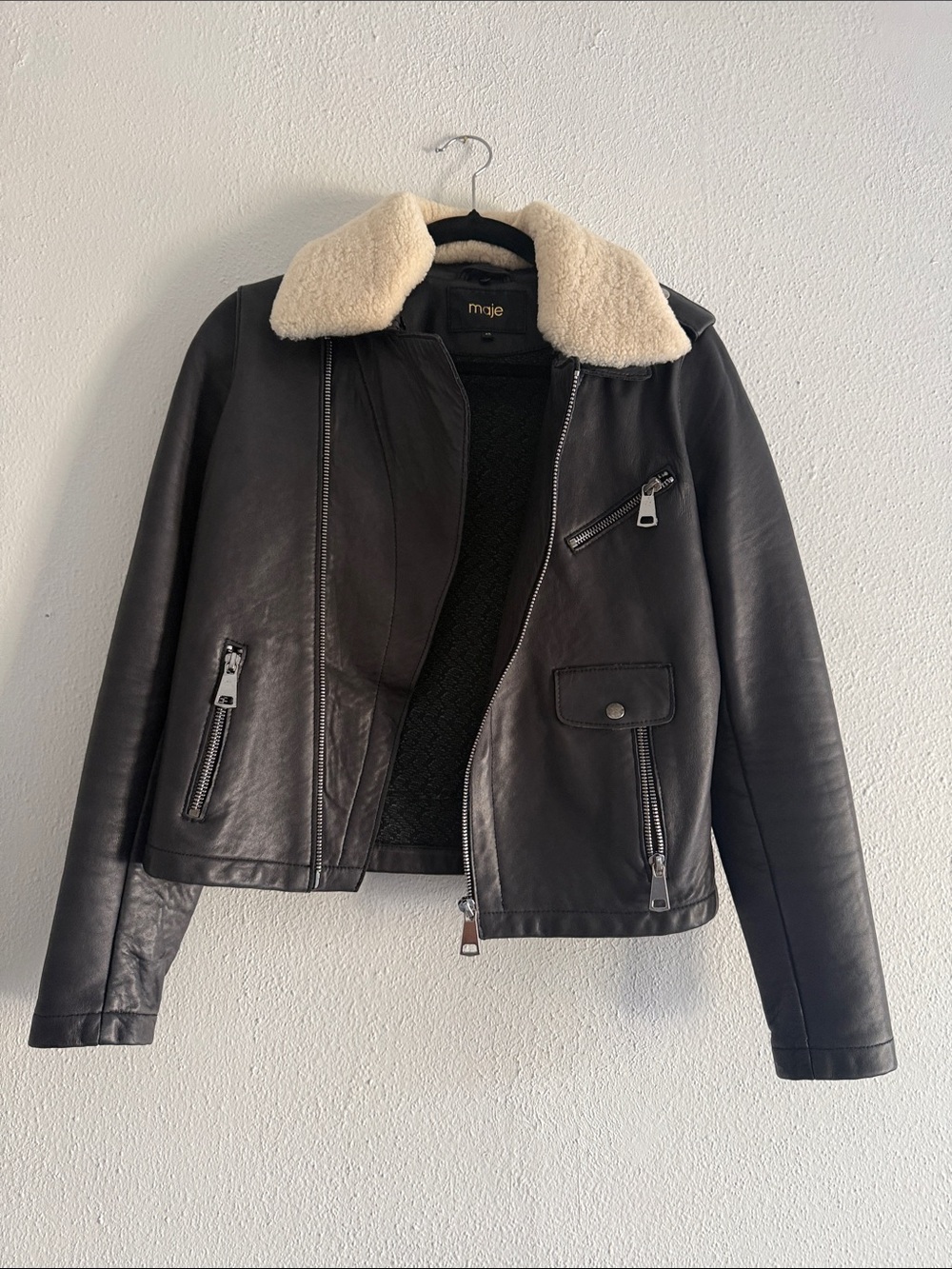 Maje Black Leather Jacket with Cream Shearling Collar